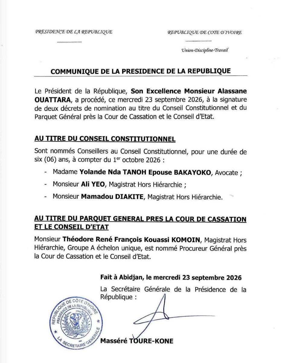 Cotedivoireoff_'s tweet photo. 🚨🇨🇮 Yolande Nda TANOH épouse BAKAYOKO nommée au Conseil constitutionnel

Ce mercredi 23 septembre 2026, le Président Alassane OUATTARA a procédé à plusieurs nominations au Conseil constitutionnel.

Mme Yolande Nda TANOH épouse BAKAYOKO, avocate, est nommée Conseillère au Conseil constitutionnel pour un mandat de six ans, à compter du 1er octobre 2026.