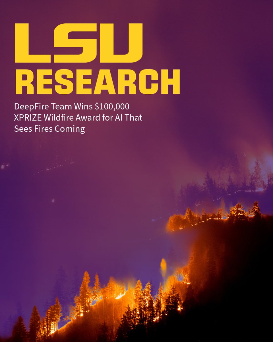 LSUchancellor's tweet photo. Out of more than 300 teams worldwide, LSU’s wildfire research team rose to the final eight in the four-year, $11 million XPRIZE Wildfire competition.
Today, the team received a $100,000 Special Recognition award. WBTTW!
Read more here: https://t.co/x3jnWyALKh https://t.co/5plzMgXLfO
