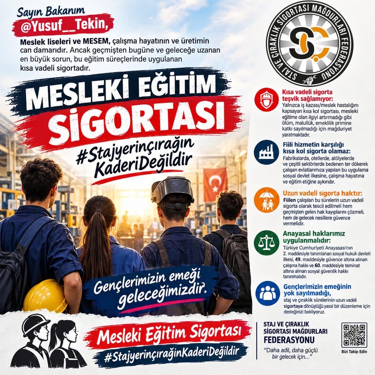 CirakStajFED's tweet photo. TBMM Adalet Komisyonu’na ve Kamuoyuna Çağrımızdır!

Yargıtay tarafından verilen son karar, yıllardır dile getirdiğimiz haklılığımızı bir kez daha hukuki olarak tescillemiştir. 

@Akingurlek_ 
@AbdullhAydgdu 
@burakceylan_ 
@SedatAyyildizz 
@cuneytyuksel_ 
@AvOrhanKIRCALI 
@Emine_Gozgec16 
@avoguzhankaya 
@hasanozturkmen 
@avsbulbul 
@gizemozcanmugla 
@yclblt06 
@YildizFeti 
@ttaskinozer 
@avatakanunver 
@CumhurUzun48 
@_hakanolgun 
@avidrissahin
@isikhanvedat 

Fiilen hizmette bulunmuş bir stajyer/çırak kardeşimizin sigorta başlangıcının haklı mücadelesi Yargıtay nezdinde karşılık bulmuş ve haklılığı kabul edilmiştir.

Ancak çözümün adresi adliye koridorları, bireysel dava süreçleri ve yıllarca süren yargı yükü olmamalıdır! Yüz binlerce mağdurun talebi net: 

Çözüm, Türkiye Büyük Millet Meclisi’dir!

Staj ve Çıraklık Sigortası Mağdurları Federasyonu olarak TBMM Adalet Komisyonu ve tüm milletvekillerimize açıkça sesleniyoruz:

Mahkeme Kapılarında Değil, Meclis Çatısı Altında Çözüm: Vatandaşlarımızı tek tek dava açmak zorunda bırakmak, hem adalete erişimi zorlaştırmakta hem de yargı sistemine devasa bir yük bindirmektedir.

Yasa Tasarısı İhtiyacı: Adalet Komisyonu öncülüğünde, fiilen çalışılmış staj ve çıraklık dönemlerinin uzun vadeli sigorta başlangıcı sayılmasına yönelik kalıcı bir yasa düzenlemesi derhal gündeme alınmalıdır.

Kazanılmış Hakların Teslimi: Alın teri dökülmüş, fiilen hizmet verilmiş günlerin sigortaya sayılması bir lütuf değil, anayasal bir haktır.

Yüce Meclisimizin ve Adalet Komisyonu’nun bu hukuki gerçekliğe ve Yargıtay’��n emsal niteliğindeki yaklaşımına kayıtsız kalmayacağına inanıyor; tüm yetkilileri bir an önce kanun taslağı üzerinde çalışmaya davet ediyoruz.

Haklıydık, Haklılığımız Tescillendi; Şimdi Sıra Yasada!

Saygılarımızla,
Staj ve Çıraklık Sigortası Mağdurları Federasyonu

Mesleki Eğitim Sigortası
#StajyerinçırağınKaderiDeğildir