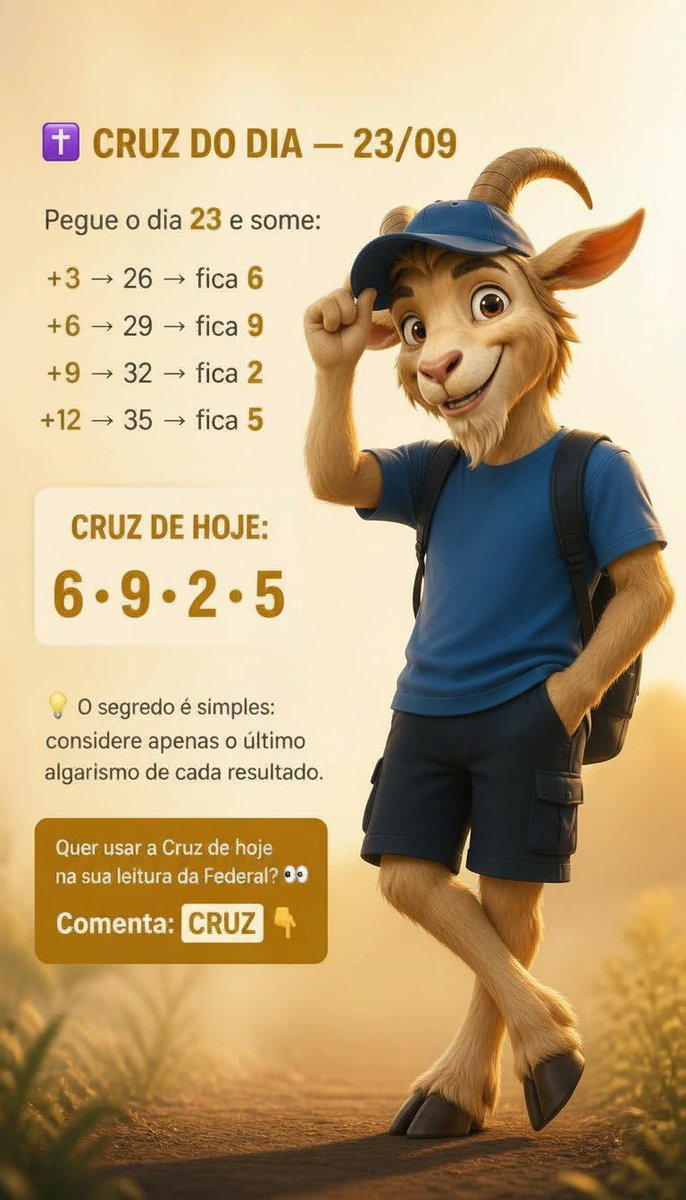 Bodedobicho's tweet photo. A Cruz do Dia de hoje ficou assim: 6 • 9 • 2 • 5 👀

Uma conta simples usando o dia 23 e observando só o último algarismo de cada resultado.

Vai usar essa leitura hoje na Federal?
Comenta: CRUZ 👇

#Galinho #Analise #Numeros #Observacao #Curiosidades #Interacao #Comunidade https://t.co/fBPFKTLIGB
