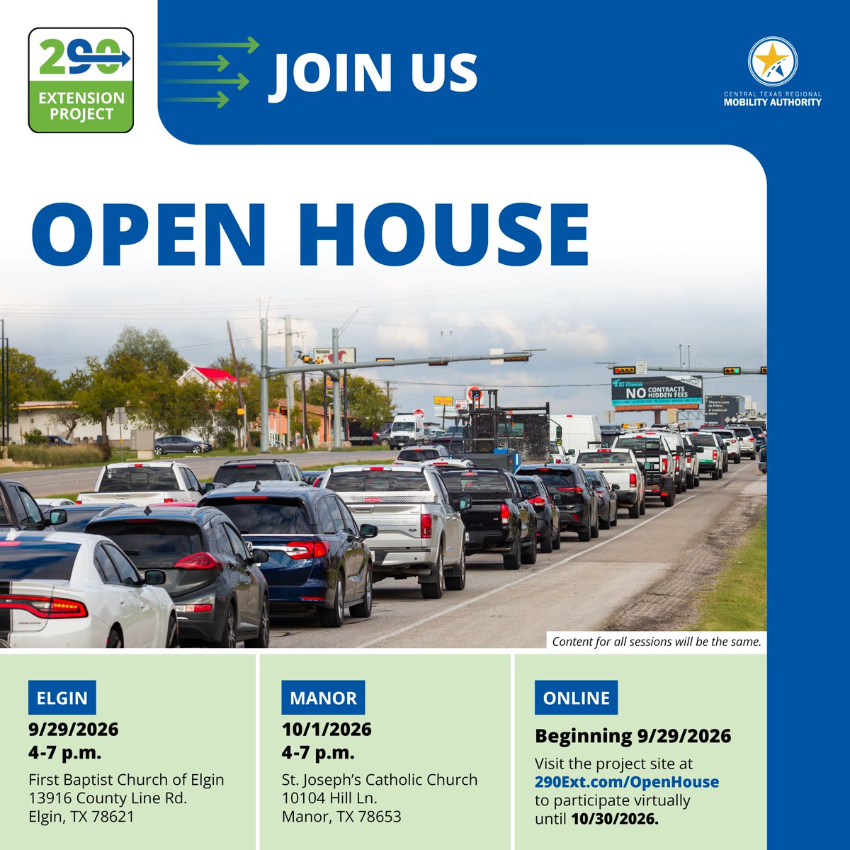 CTXMobility's tweet photo. ATTN: We’re studying improvements to US 290 btwn SH 130 & east of SH 95 South. Join us at an upcoming Open House NEXT WEEK (online from 9/29 until 10/30, in Elgin 9/29 or Manor 10/1) to share your input on the proposed design of this busy corridor. Visit https://t.co/OgIgQUPBEb.
------
AVISO: Estamos evaluando mejoras a la carretera US 290 entre la SH 130 y al este de la SH 95 Sur. Acompáñenos a una Casa Abierta LA PRÓXIMA SEMANA (en Elgin el 29 de septiembre, Manor 1 de octubre o en línea del 29 de septiembre al 30 de octubre) para compartir sus comentarios sobre el diseño propuesto de esta vía con alto tráfico. Visite https://t.co/9aSMLuMKq3.