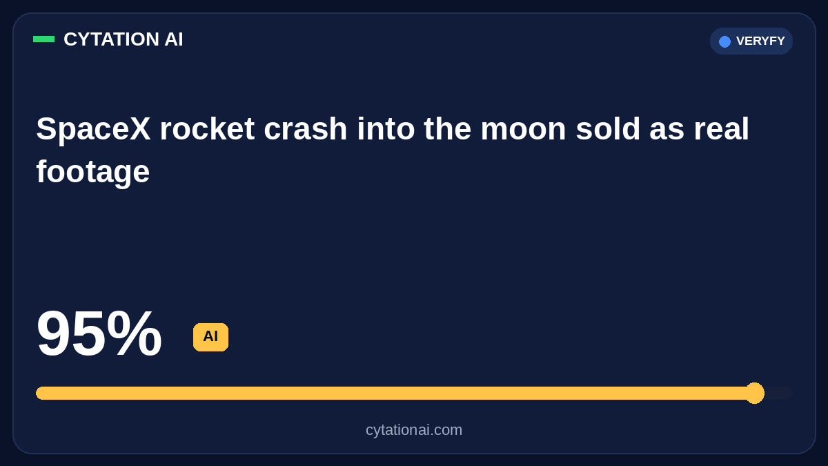 CytationAI's tweet photo. SpaceX rocket crash into the moon sold as real footage.

A live CYTATION AI Veryfy check of the still found 95% AI. Key tells include a self illuminated synthetic impact plume and CGI bloom that breaks the lighting physics of the lunar scene.

95% AI https://t.co/YTzLAPLMEW