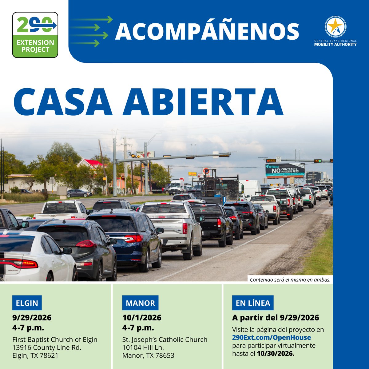 CTXMobility's tweet photo. ATTN: We’re studying improvements to US 290 btwn SH 130 & east of SH 95 South. Join us at an upcoming Open House NEXT WEEK (online from 9/29 until 10/30, in Elgin 9/29 or Manor 10/1) to share your input on the proposed design of this busy corridor. Visit https://t.co/OgIgQUPBEb.
------
AVISO: Estamos evaluando mejoras a la carretera US 290 entre la SH 130 y al este de la SH 95 Sur. Acompáñenos a una Casa Abierta LA PRÓXIMA SEMANA (en Elgin el 29 de septiembre, Manor 1 de octubre o en línea del 29 de septiembre al 30 de octubre) para compartir sus comentarios sobre el diseño propuesto de esta vía con alto tráfico. Visite https://t.co/9aSMLuMKq3.