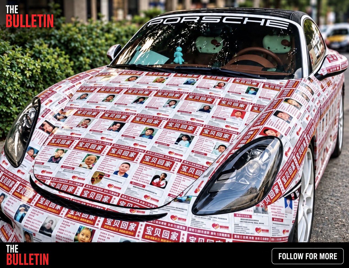 thebulletinn's tweet photo. 🚨 HE WRAPPED HIS PORSCHE WITH 90 MISSING-CHILD FLYERS.

Du Lin, from Kunming, China, covered his car bumper to bumper with faces of missing kids from the charity Baby Come Home. Critics called it a stunt.

Then someone recognized a child. A family was reunited. 🧵 https://t.co/eBhVyC3eNT