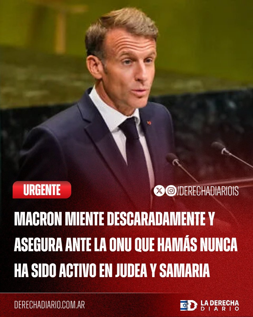 Yisraelhuogpm2's tweet photo. 🚨🇫🇷🇮🇱 | POR ESO SU MUJER LE PEGA: El presidente francés, Emmanuel Macron, afirmó en la Asamblea General que Hamás nunca ha tenido una presencia activa en Judea y Samaria, desatando la inmediata condena de Israel, con el ministro Bezalel Smotrich acusándolo de mentir ante la reciente ola de atentados terroristas.

Créditos: DerechaDiario