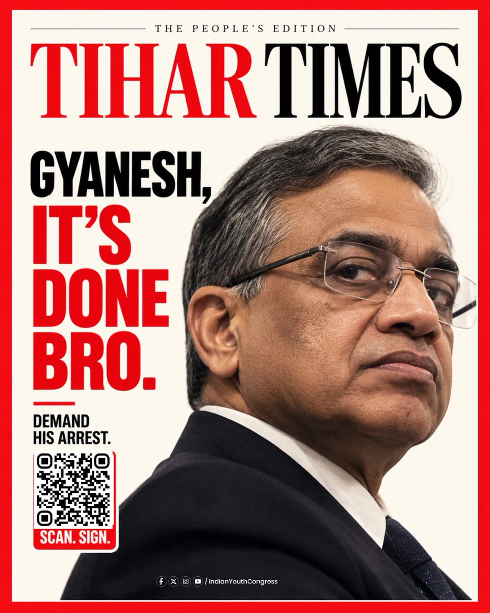 IYC's tweet photo. BREAKING: The People’s Edition of "TIHAR TIMES" is out. 🗞️

The Citizens’ Petition demanding Traitor Gyanesh Kumar's arrest is LIVE.

Scan. Sign. Put your name on the story.

https://t.co/qTh9BLLKMN https://t.co/vnz1XKwAUs