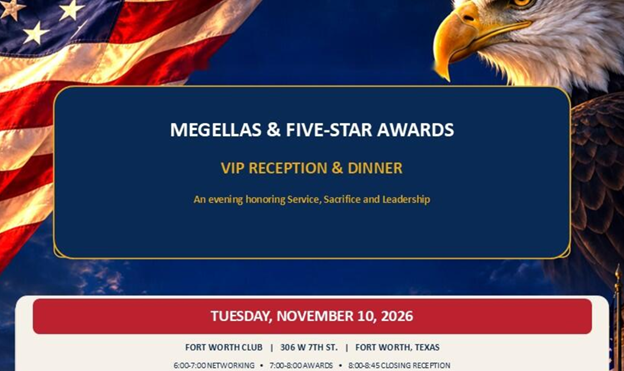 untlogistics's tweet photo. Megellas and Five-Star Awards Presentation &amp; VIP Reception | Fort Worth Aviation Museum

Date: Tuesday, November 10, 2026

Time: 6:00 - 8:30 pm

Sponsorship opportunities available. Contact: David Hamilton at William.Hamilton@Unt.Edu https://t.co/5mYhhkWNZf