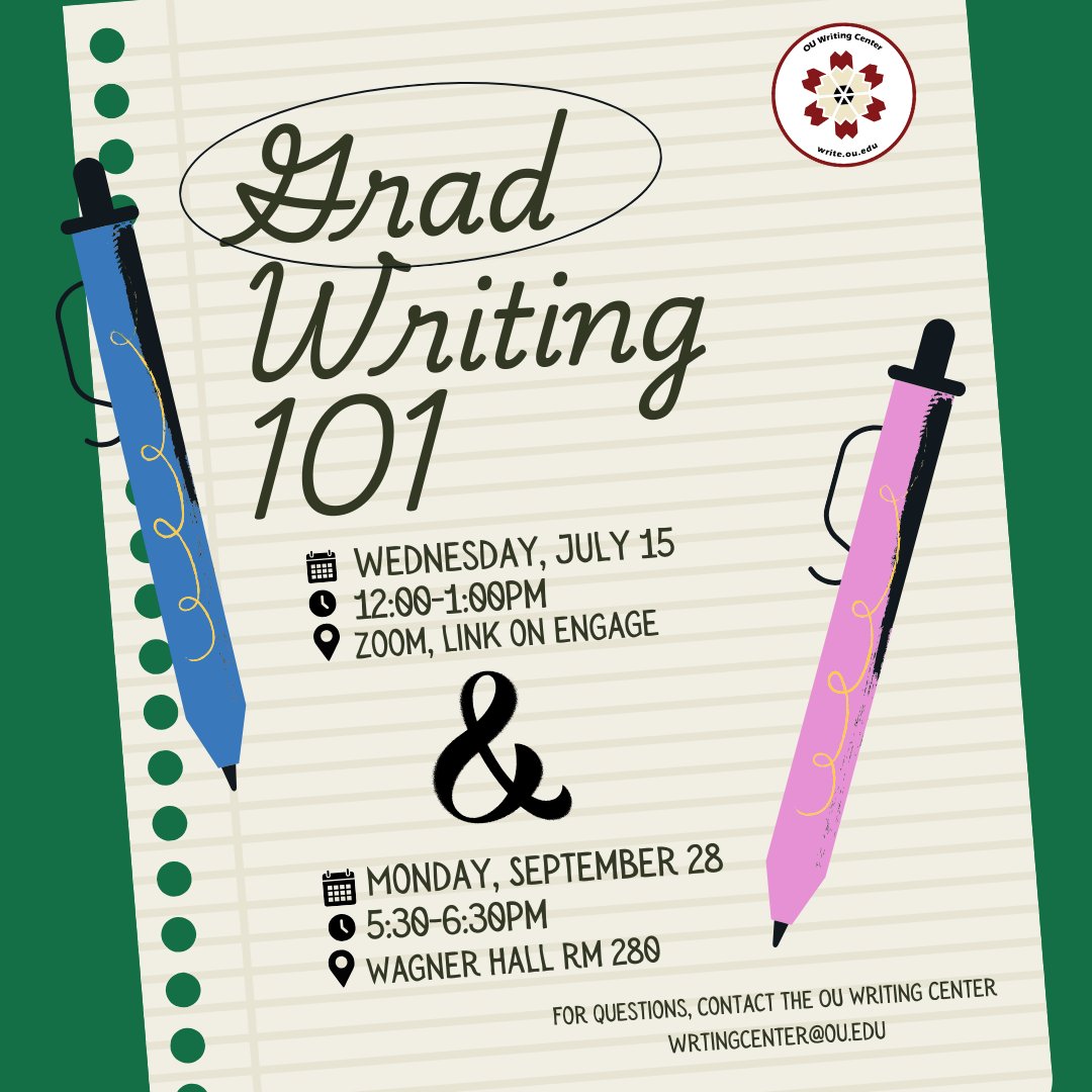 ouwrites's tweet photo. New to graduate writing? Returning to school after a break?

Join us to learn basic features and expectations of graduate writing. https://t.co/XFVIIjOgRI