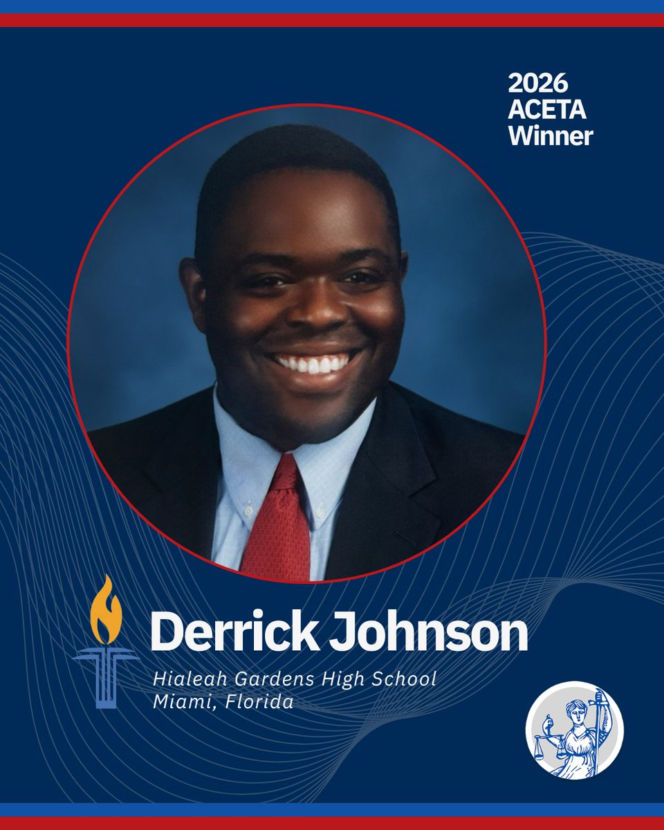 CivicEducation's tweet photo. Meet 2026 ACETA winner Derrick Johnson (FL)! π An attorney, 21-year classroom veteran, and We the People coach β recognized for excellence in teaching the Constitution and American government.
https://t.co/VL7sAAeXRg #CivicEd #ACETA https://t.co/eYWE3ud1Jt