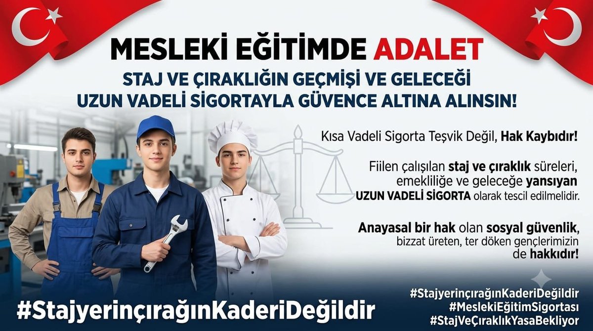 CirakStajFED's tweet photo. Sayın Bakanım @Yusuf__Tekin ve @ntv haber spikeri;
Meslek liseleri ve MESEM, çalışma hayatının ve üretimin can damarıdır. Ancak geçmişten bugüne ve geleceğe uzanan en büyük sorun, bu eğitim süreçlerinde uygulanan kısa vadeli sigortadır.   

Kısa vadeli sigorta teşvik sağlamıyor: Yalnızca iş kazası/meslek hastalığını kapsayan kısa kol sigortası, mesleki eğitime olan ilgiyi artırmadığı gibi ölüm malullük, emeklilik primine katki sayılmadığı için mağduriyet yaratmaktadır.

Fiili hizmetin karşılığı kısa kol sigorta olamaz:
Bizzat fabrikalarda, otellerde atölyelerdede ve çeşitli sektörlerde bedenen ter dökerek çalışan evlatlarımıza yapılan bu uygulama sosyal devlet ilkesine, çalışma hayatına ve eğitim etiğine aykırıdır.

Uzun vadeli sigorta haktır: Fiilen çalışılan bu sürelerin uzun vadeli sigorta olarak tescil edilmeli hem geçmişten gelen hak kayıplarını çözmeli, hem de gelecek nesillere güvence vermelidir.

Türkiye Cumhuriyeti Anayasası’nın 2. maddesiyle tanımlanan sosyal hukuk devleti
ilkesi, 49. maddesiyle güvence altına alınan çalışma hakkı ve 60. maddesiyle teminat
altına alınan sosyal güvenlik hakkı tanınmalıdır.

Gençlerimizin emeğinin yok sayılmadığı, staj ve çıraklık sürelerinin uzun vadeli sigortaya dönüştüğü yasal bir düzenleme için desteğinizi bekliyoruz.

Mesleki Eğitim Sigortası
#StajyerinçırağınKaderiDeğildir