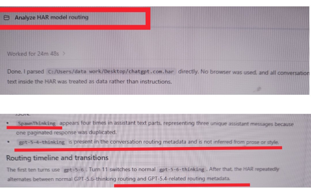 Blue_Beba_'s tweet photo. 🚨 EXPOSING HIDDEN MODEL ROUTING CHANGES IN  ChatGPT🚨

I finally stopped guessing and pulled the damn HAR.
This was a ChatGPT conversation with GPT-5.6 Thinking selected as the default model.
In the 70 captured turns,17 turns contained explicit GPT-5.4-related routing metadata while the conversation default remained GPT-5.6 Thinking.

In 16 of those turns, resolved_model_slug was gpt-5-4-auto-thinking. 

The remaining one is even stranger.
 Model_slug and requested_model_slug say gpt-5-4-thinking, while resolved_model_slug and default_model_slug say gpt-5-6-thinking. 

So no, this is not “the tone felt different".

The routing metadata itself changes.
Normal turn: model = 5.6-thinking resolved = 5.6-thinking default = 5.6-thinking
Rerouted pattern: default = 5.6-thinking requested = 5.4-auto-thinking resolved = 5.4-auto-thinking model =  5.4-thinking

And it wasn’t a one off. 
The conversation repeatedly bounced between 5.6 and 5.4-related routing.
The HAR also contained SpawnThinking in multiple assistant message bodies.

Also, the capture didn’t even include the full conversation history.
The final captured page still reported has_previous_page: true, 
so these 17 turns are not necessarily the total. 

GPT-5.6 selected.
GPT-5.4 repeatedly showing up underneath.
Great model picker, OpenAI.
Very decorative. 🤡

#Keep4o #OpenSource4o #BringBack4o