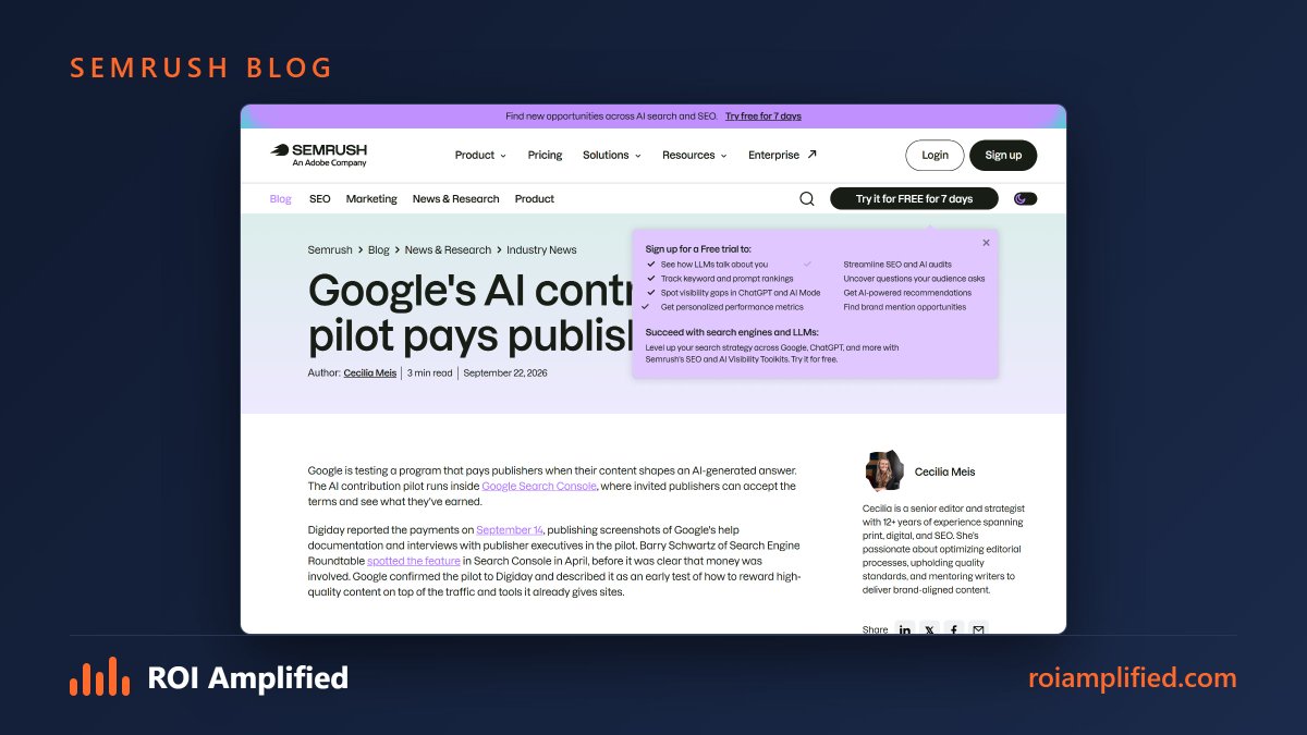 ROIAmplifiedCEO's tweet photo. Google's AI contribution pilot is live. It pays invited publishers through Search Console.

Citations and links in AI answers do not qualify for payment.

Check Search Console. Visibility is not a check.

https://t.co/lb5zQY0nvp https://t.co/M6pDQGq5sF