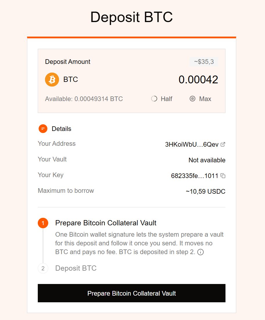 XNXX_EN's tweet photo. I wanted to see what borrowing against native BTC actually feels like, so I tried @ZestProtocol myself.

The flow was smooth, but definitely not instant.

I deposited 0.00042 BTC (~$35.30) through Xverse, went through several confirmation steps, waited for the vault to finalize, and then borrowed 10 USDC against it.

There are quite a few transactions and some waiting involved, especially compared with what I'm used to on EVM.

But the UI made each step easy to follow, and the core idea is pretty interesting:

native BTC stays on Bitcoin while you borrow USDC on Ethereum.

No wrapping. No bridging.

First time trying Zest, and the overall experience was straightforward.