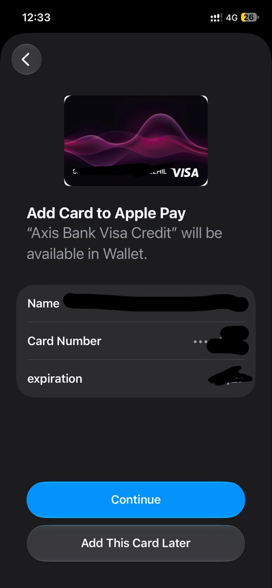 ShiabEK's tweet photo. Apple Pay is behind a door.

Apple Pay now list Axis bank App and fetch Card details.
#ApplePayIndia #AxisBank https://t.co/C2UQAfV43t
