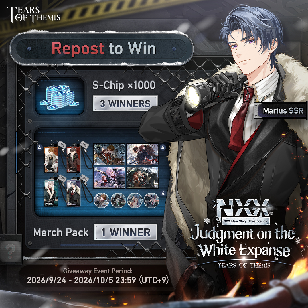 TearsofThemisEN's tweet photo. Judgment on the White Expanse Marius SSR ✦ Firebearer ✦ 

✅ Repost
🎁 Merch Pack (1 winner)
🔹 S-Chip ×1000 (3 winners)

Judgment on the White Expanse Event Shadow of Themis will begin on 9/29 with a rate-up for the SSR card!

#TearsOfThemis https://t.co/h76InH5TcI