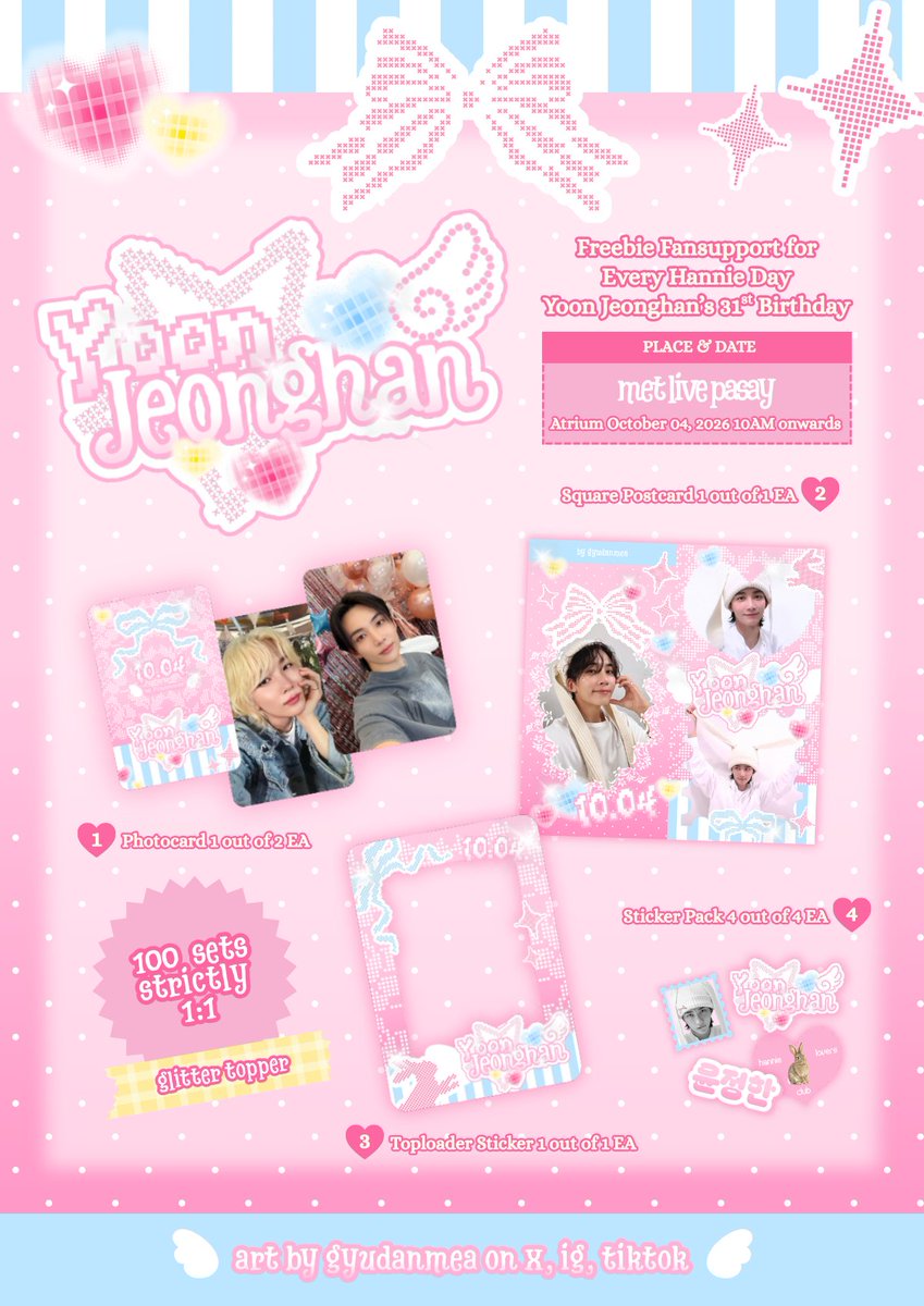gyudanmea's tweet photo. Freebie set for Jeonghan's 31st Birthday by yours truly~ 

𝜗ৎ strictly 1:1 strictly random
𝜗ৎ rt + like
𝜗ৎ tag me if u get 🥺
𝜗ৎ trades are welcome but not necessary
𝜗ৎ online claim: dm, limited to the first 20

See you on Oct 4th @ MET Live!

#JEONGHAN #정한 #everyHANNIEday https://t.co/mxMhvO8WTF