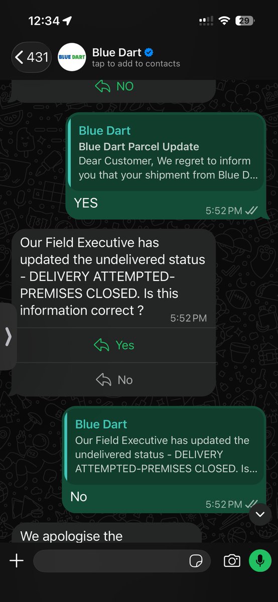 Agou196370's tweet photo. @BlueDart_ 
@BlueDartCares 
 Im tired of the repeated attempts &amp; inaccurate remarks. Please call me on 7628098865 and resolve this. If I get another fake remark without a call, I’ll call this out on Instagram. I have 60K+ followers. Please resolve this urgently. Else wnt be good https://t.co/DX5xUNYAaF
