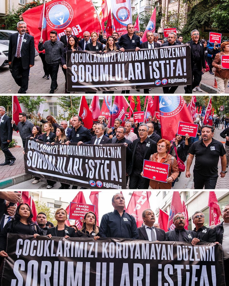 egitimisorg's tweet photo. Eğitim-İş olarak, Manisa’nın Turgutlu ilçesindeki İnci Üzmez MTAL’de 11 öğrencimizin yaralandığı saldırının ardından eğitimde şiddetin normalleştirilmesine, okulların suç mahalline çevrilmesine karşı TBMM’ye yürüyüşümüz, genel merkezimiz polis ablukasına alınarak engellenmek istendi.

Ablukaya, barikatlara rağmen kararlılığımızdan geri adım atmayarak Milli Eğitim Bakanlığı önüne kadar yürüdük ve açıklamamızı gerçekleştirdik. Ankara’daki yürüyüşümüzle eş zamanlı olarak ülkenin dört bir yanında da alanlardaydık.

Çocuklarımızın ve öğretmenlerimizin yaşam hakkını, meslek onurumuzu ve okullarımızın geleceğini savunmak için gerçekleştirdiğimiz eylemimize üyelerimiz, Konfederasyonumuz Kamu-İş yöneticileri, konfederasyonumuza bağlı sendikaların yöneticileri, milletvekilleri, siyasi parti temsilcileri, demokratik kitle örgütleri, öğrencilerimiz ve yurttaşlarımız destek verdiler.

Genel Başkanımız Kadem Özbay’ın MEB önünde yaptığı açıklamayı okumak ve fotoğrafları görmek için tıklayınız:
https://t.co/tZwMGQCU3A