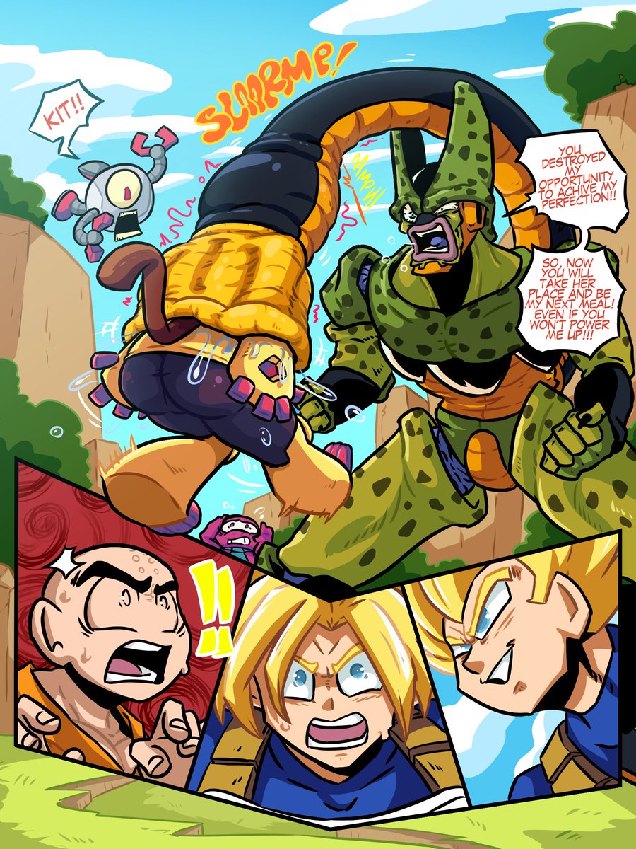 NotSafeNico's tweet photo. "Kit found herself in Dragon World to prevent Cell from absorbing 18 and manage to take the remote deactivating the androids, blurring his plans for perfection.
Cell wanted revenge and needed to swallow Kit Bodega,the girl who had ruined his plans."
Art trade with BootyForCell! https://t.co/u8uow9SAfq