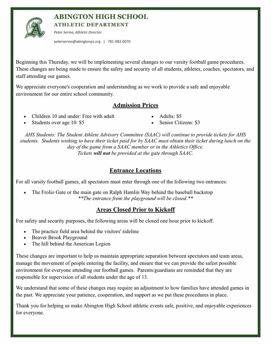 AbingtonAD's tweet photo. Please see the updates for fans at attending varsity football games beginning tomorrow. https://t.co/OEoJXJe1Jw