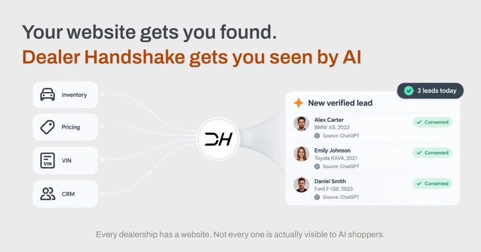 DealerHandshake's tweet photo. Dealers who got on Google early built a lead that lasted for years.

AI-assisted car shopping is in that same early window right now.

Dealer Handshake puts your real inventory in front of shoppers using AI. https://t.co/UpJiNTvPgo