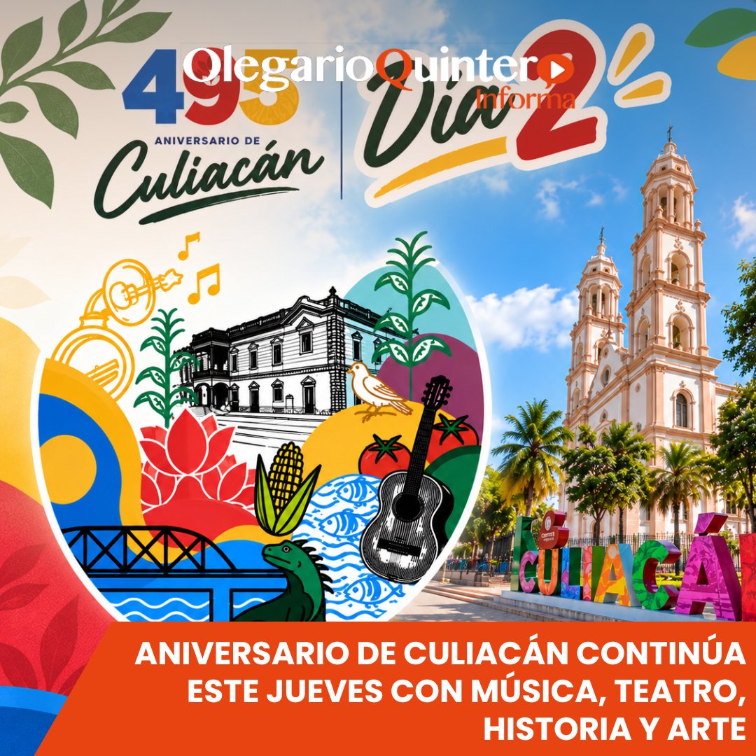OlegarioMX's tweet photo. 🎉🏙️ ¡Siguen los festejos por los 495 años de Culiacán! 🎂✨ Este jueves habrá historia, arte, teatro y música 🎭🎶, con El David JR, La Fórmula, Rewind Rock Band y cierre con Los Apson. 🕺
Más info:
https://t.co/SRcNcnTbCg
#Culiacán #495Aniversario #LosApson #Cultura #Sinaloa https://t.co/2iaPEMZ5uv