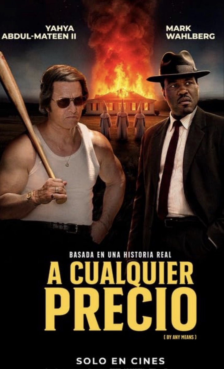 marincine's tweet photo. Fallida la película A Cualquier Precio (By Any Means), en cines; un gran y fundamental tema, el violento racismo en Missisipi en los 60, basado en hechos reales, desperdiciado y malogrado por concesiones burdas, simplistas y gratuitas como si fuera un filme de acción y chacota tipo Arma Mortal. Y una muy pobre actuación de Yahya Abdul-Mateen II y un Mark Wahlberg fuera de tono. El resultado fue un fracaso rotundo de taquilla.