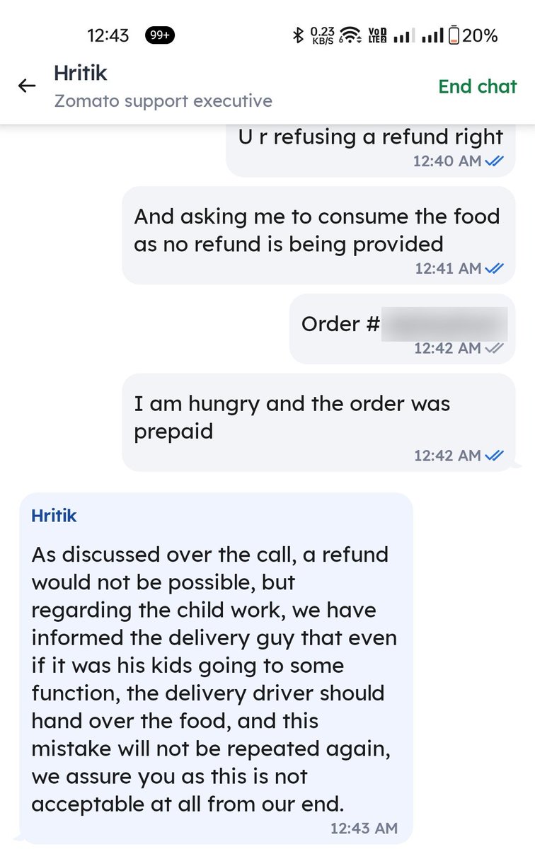 nightcrawler123's tweet photo. My @zomato order at 11:49 PM: improper food handling, gripped between the rider's feet, handed over by a child who should've been asleep. 🦶👦🌙
Support: "not acceptable at all." Refund? Denied.
Paid for food. Going to bed hungry. Again.
@zomatocare @fssaiindia @NCPCR_ https://t.co/zjMIG83AcM