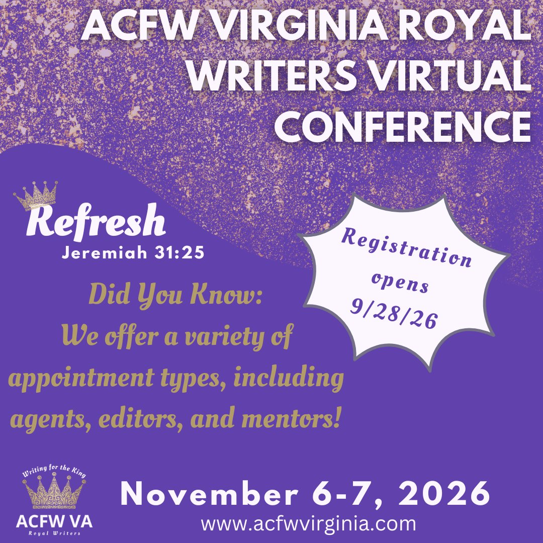 KellyGoshorn's tweet photo. Did you know your Royal Writers Virtual Conference registration includes 2 appointments with agents/editors, and/or author/mentors? Appt opportunities are limited and signup is on a first-come, first-served basis. Reg opens 9/28. https://t.co/sBJUBxmWjG #amwriting #amediting https://t.co/FnHDXqFzHv