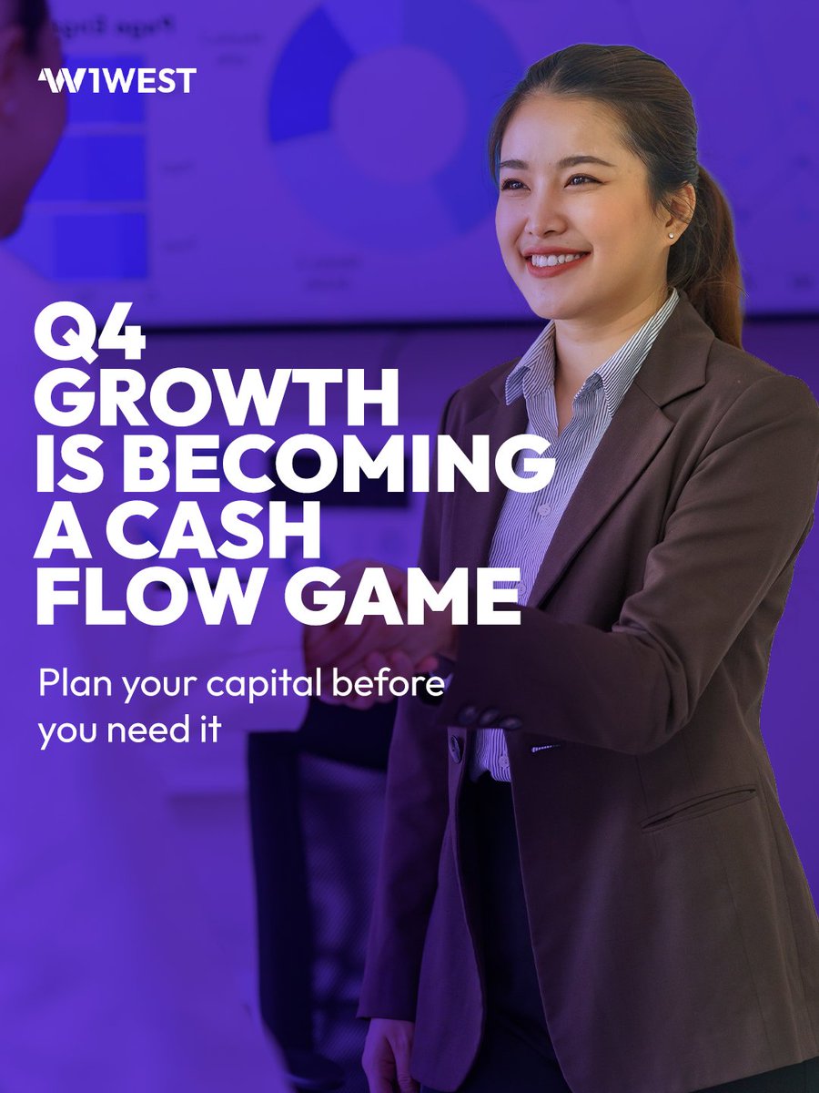 Finance1west's tweet photo. Q4 growth is not just about having opportunities. It is about having the cash flow to support them.

Inventory, payroll, seasonal demand, receivables, and expansion expenses can all put pressure on cash flow as the year closes.

Instead of waiting for cash to get tight, businesses can plan their financing strategy early and stay ready for what Q4 brings.

Plan your capital before you need it.

Explore your financing options: https://t.co/JVspydnAJO

(888) 881-9378 (WEST)