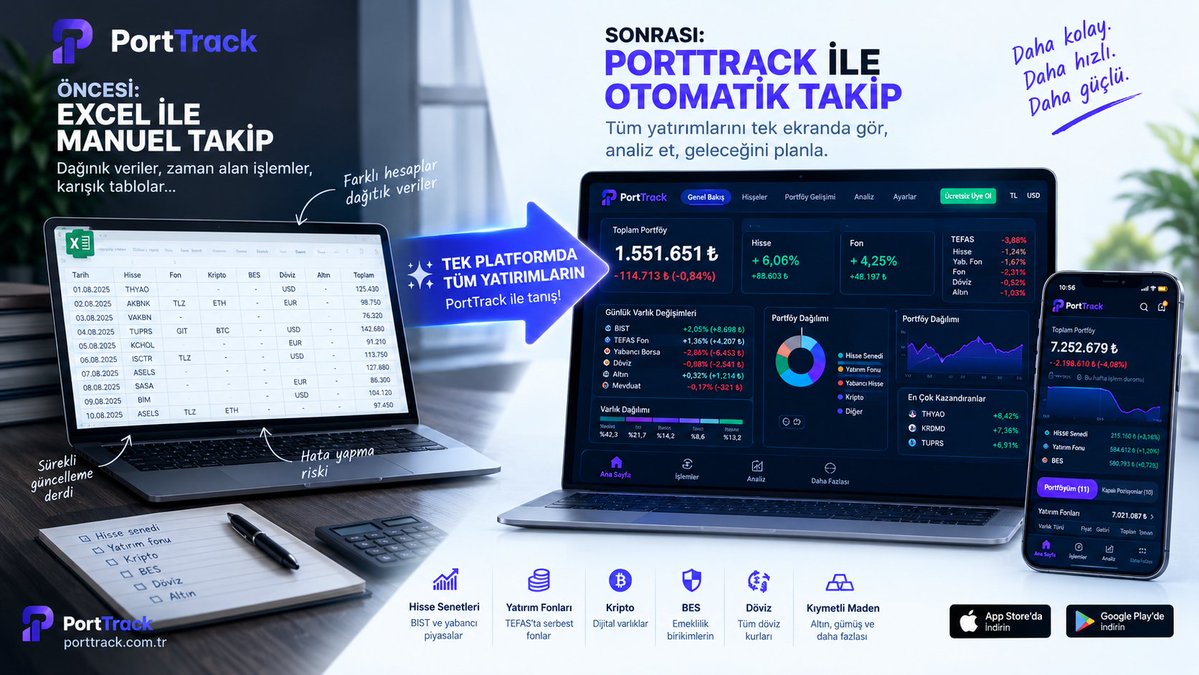 porttrackx's tweet photo. "Ben uzun vadeciyim ya" deyip günde 40 kere portföyünün toplam değerini kontrol edenler için Excel'de formül kasmayı bitiren uygulamayı yaptık. Hem de tüm varlıkları destekliyor.