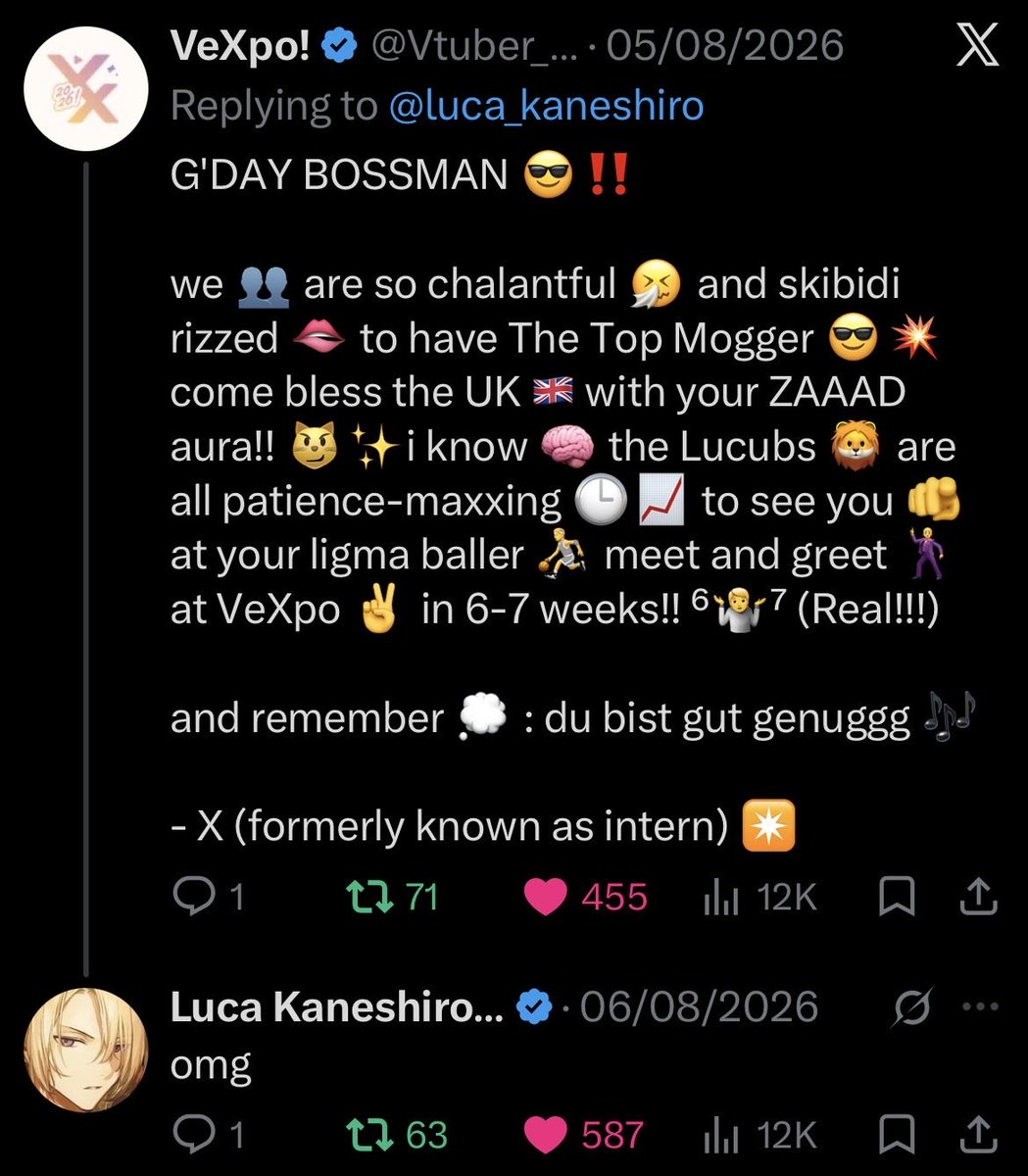 XIAOTIEM's tweet photo. brainrotter meets brainrotter...

my first MG of VeXpo'26 + with my first oshi ever!! to think that i could meet you after all these years since debut... so honoured that u were impressed by my brainrot combo!! 😼✨

ty for being so mogtastic boss!! 💛

#VeXpo2026 #LucaKaneshiro https://t.co/SAnSFkOADw