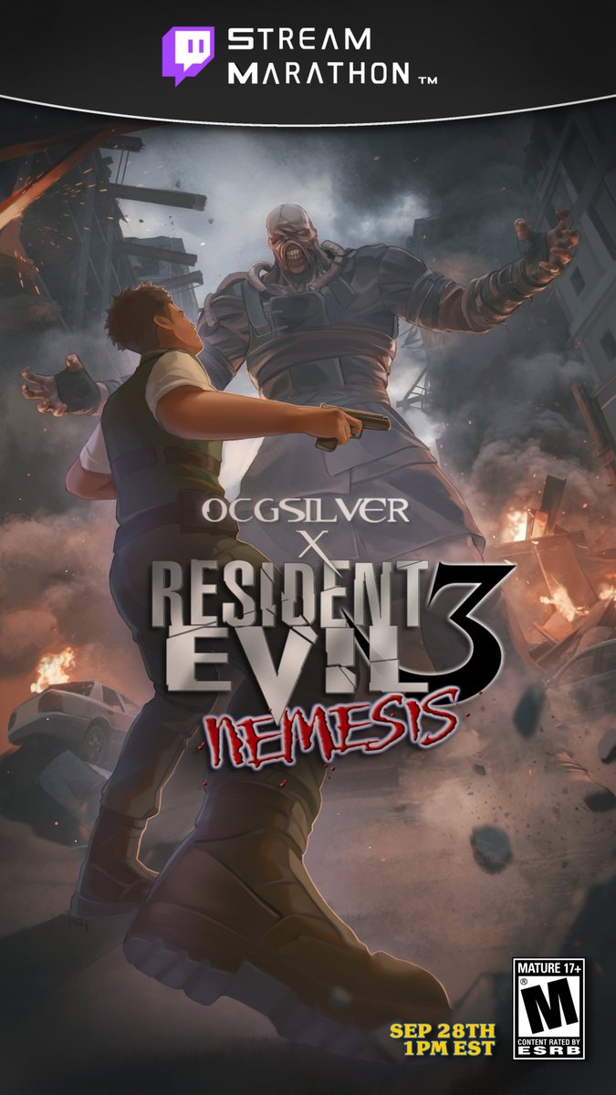 ocgsilver's tweet photo. To honor Resident Evil 3's anniversary, I commissioned one of the greatest artists I've ever seen, @celloopy, to make a poster for my RE3 OG stream marathon on Sept 28th! At 1 pm EST, see y'all there 😪on https://t.co/jTooD32WrB #ResidentEvilㅤ https://t.co/PiUGUeKul3