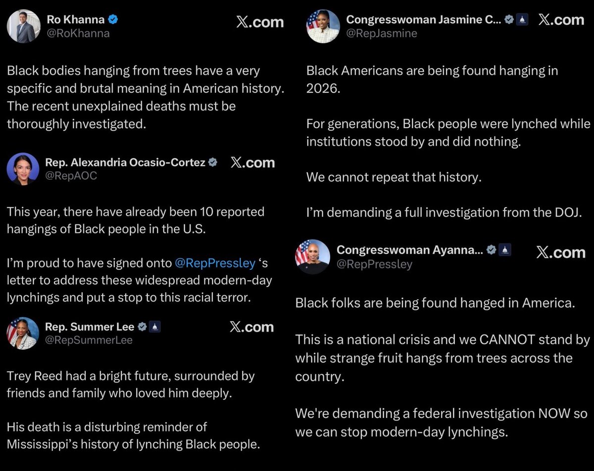 Badhombre's tweet photo. It's been two months since Ro Khanna, AOC, Ayanna Pressley, Summer Lee, and Jasmine Crockett said White people were hanging Black people from trees.

All but one of the incidents were suicides. The one confirmed lynching was committed by two Black people.

Not a single apology or retraction from these race hustlers.