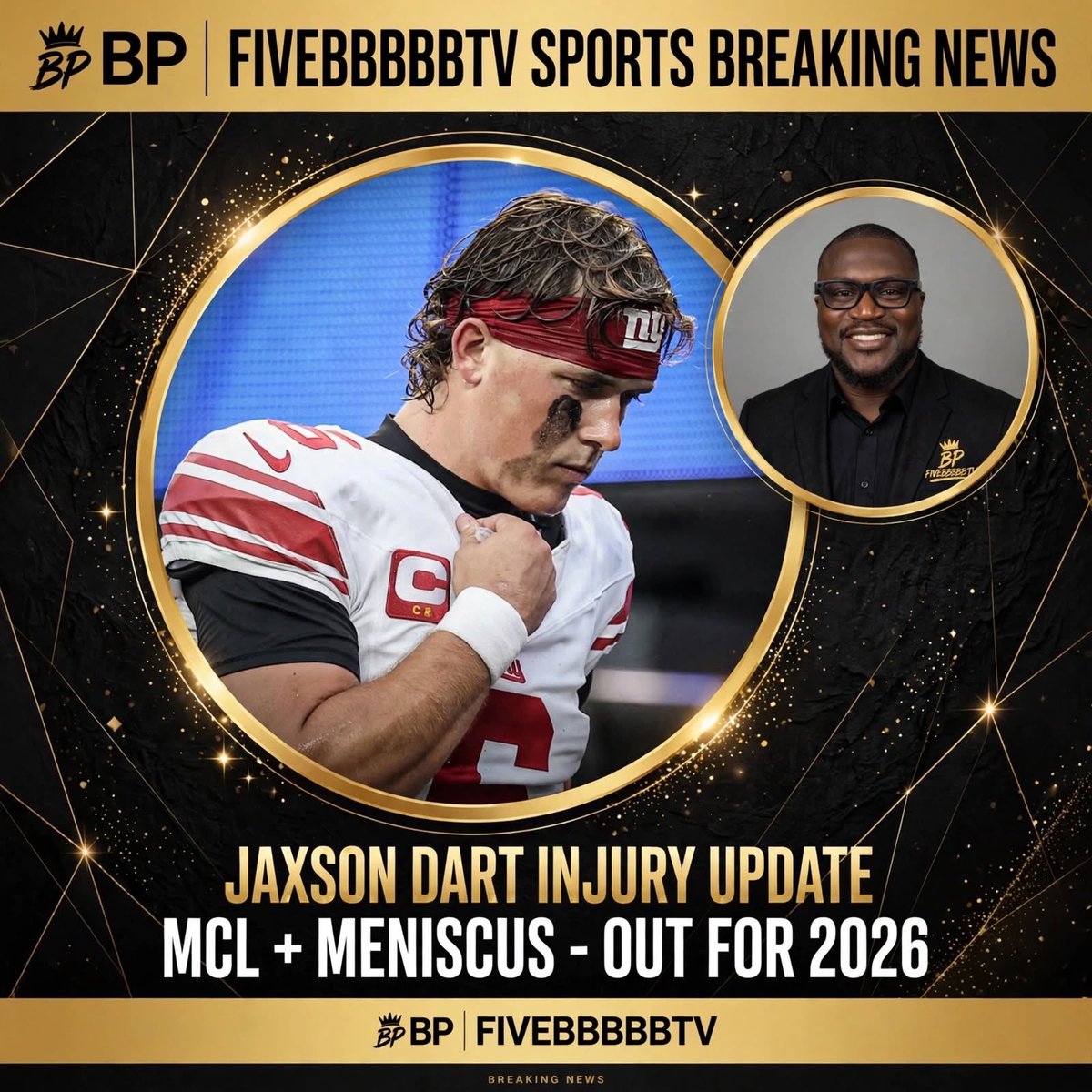 FIVEBBBBBTV's tweet photo. OUT FOR 2026 😔

Jaxson Dart - MCL + Meniscus. Surgery expected. Season over after that dirty hit Monday Night.

How big of a loss is this for the Giants? 👇

#FIVEBBBBBTV #JaxsonDart #Giants https://t.co/eeiqX2p6bd