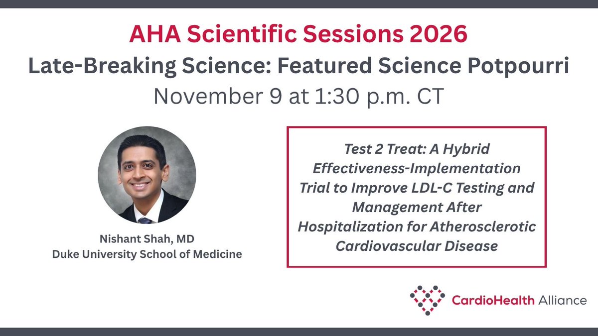 AllianceCardio's tweet photo. 📢 @AllianceCardio Test 2 Treat study led by @NPagidipati &amp; @Nishant_ShahMD will be featured in a late-breaking session @American_Heart #ScientificSessions26. The @PCORnetwork study explored ways to improve LDL-C testing &amp; treatment for patients w/ #ASCVD🔗https://t.co/XZwF9ulnov https://t.co/kOadDz6hzI