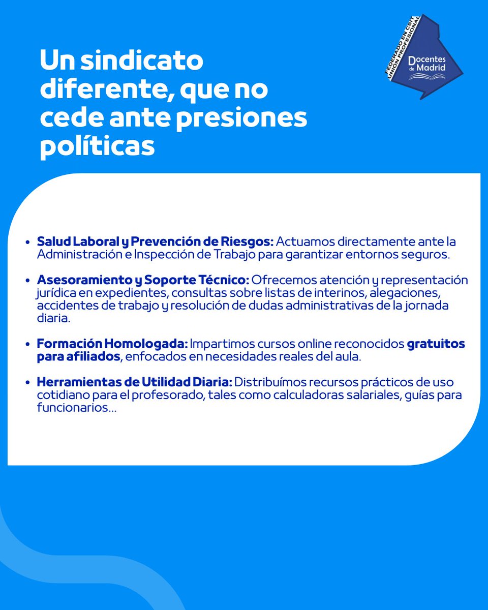docentes_CSIT's tweet photo. En Docentes de Madrid llevamos desde 2005 trabajando por y para el personal educativo de la Comunidad de Madrid. Nos alejamos de la confrontación vacía para centrar nuestros esfuerzos en lo que verdaderamente importa: tus derechos, tu salud y tu tranquilidad en el aula. https://t.co/025yO821gN