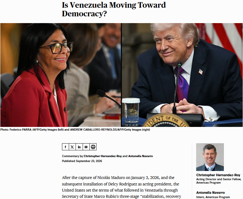 CSISAmericas's tweet photo. Today, Venezuela’s interim president Delcy Rodríguez met with President Trump at UNGA. But as Caracas deepens engagement with Washington, what does Venezuela’s path back to democracy actually look like? 

@CHernandezRoy and intern @AntonellaNav_ assess: https://t.co/lIoethk9tF https://t.co/NxbP0hWoIM