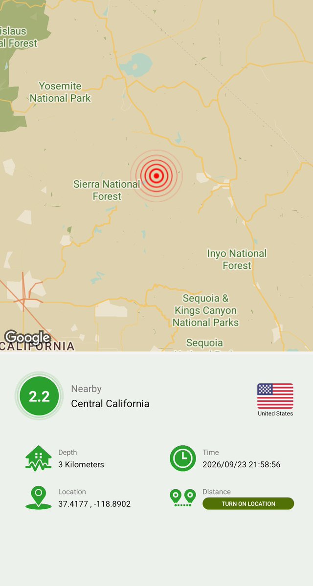 ZAMYAD_APP's tweet photo. Central California
Magnitude: 2.2
Depth: 3 Kilometers
Location: 37.4177 , -118.8902
Time: 2026/09/23 18:28:56 (GMT)

Zamyad Earthquake Tracker
Free Download:
https://t.co/RJ4yLcGBOL

#Earthquake #United_States #Earthquake_Tracker #zamyad https://t.co/5w6VRFDosU