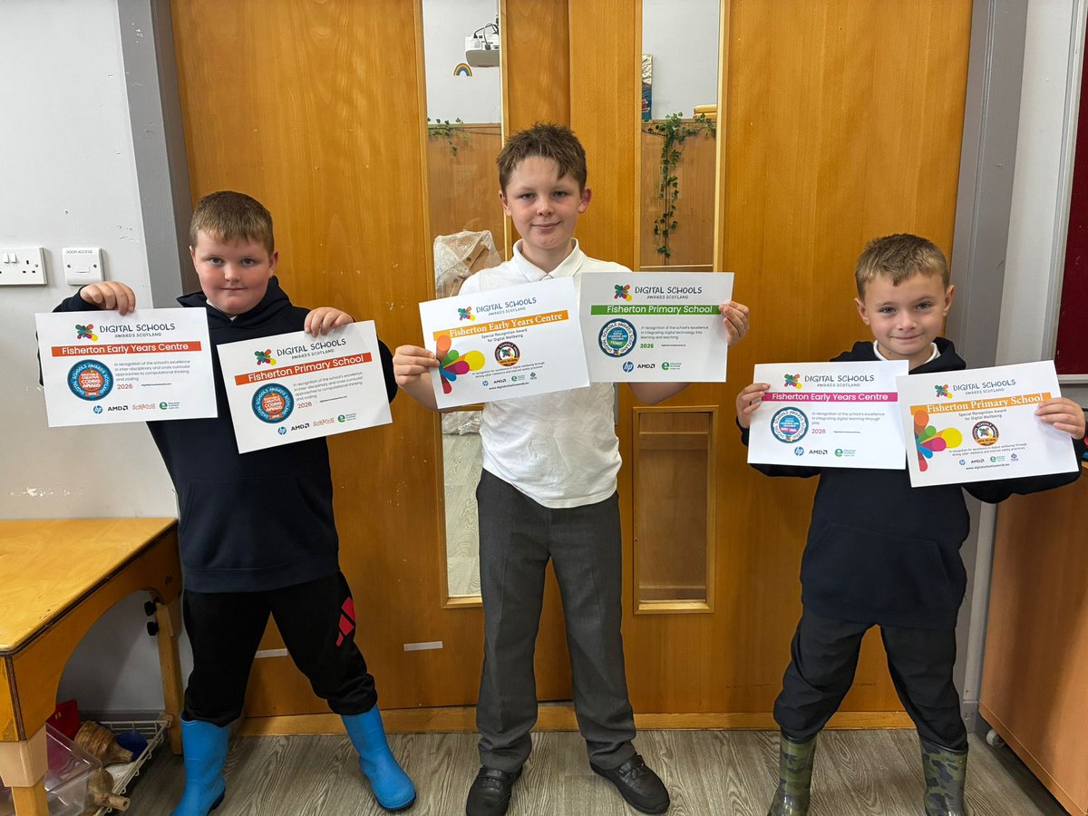 FishertonPS's tweet photo. Our digital ambassadors with the 6 digital awards that the school and Eyc were awarded at end of term 👏👏@Schools_Digital @SACTechDigital https://t.co/wJmw3kiovV