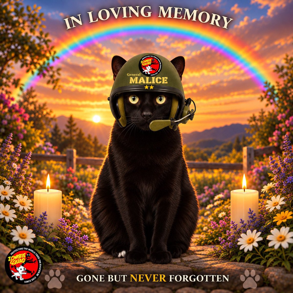 ThorSelfies's tweet photo. @ZombieSquadHQ @TheCatMalice @BengalPandora @Sprocket_Cool @RhondaHendee *Maggie and Sabine salute a comrade, tears are running down their cheeks* Run free Malice 🌈 Sprock, Shay, Batman, and Thor are with Phantom and Pandora to greet you as you cross the Rainbow Bridge. 🌈🫡 #ZSHQ https://t.co/X6u7zWzmuj