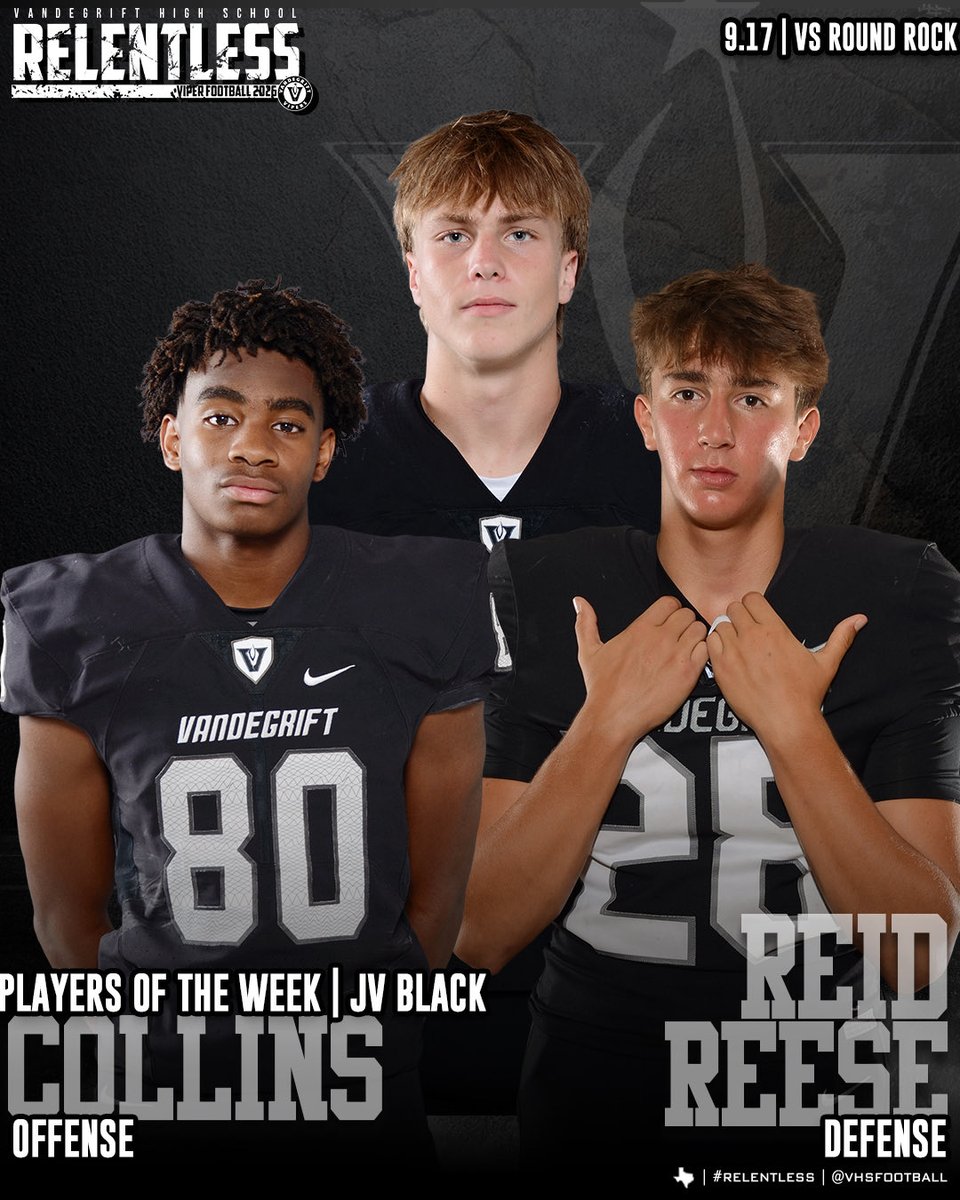 VHSFootball's tweet photo. Congrats to our JV Players of the Game against Round Rock! 🔥🐍 https://t.co/4PNBDXrYQ4
