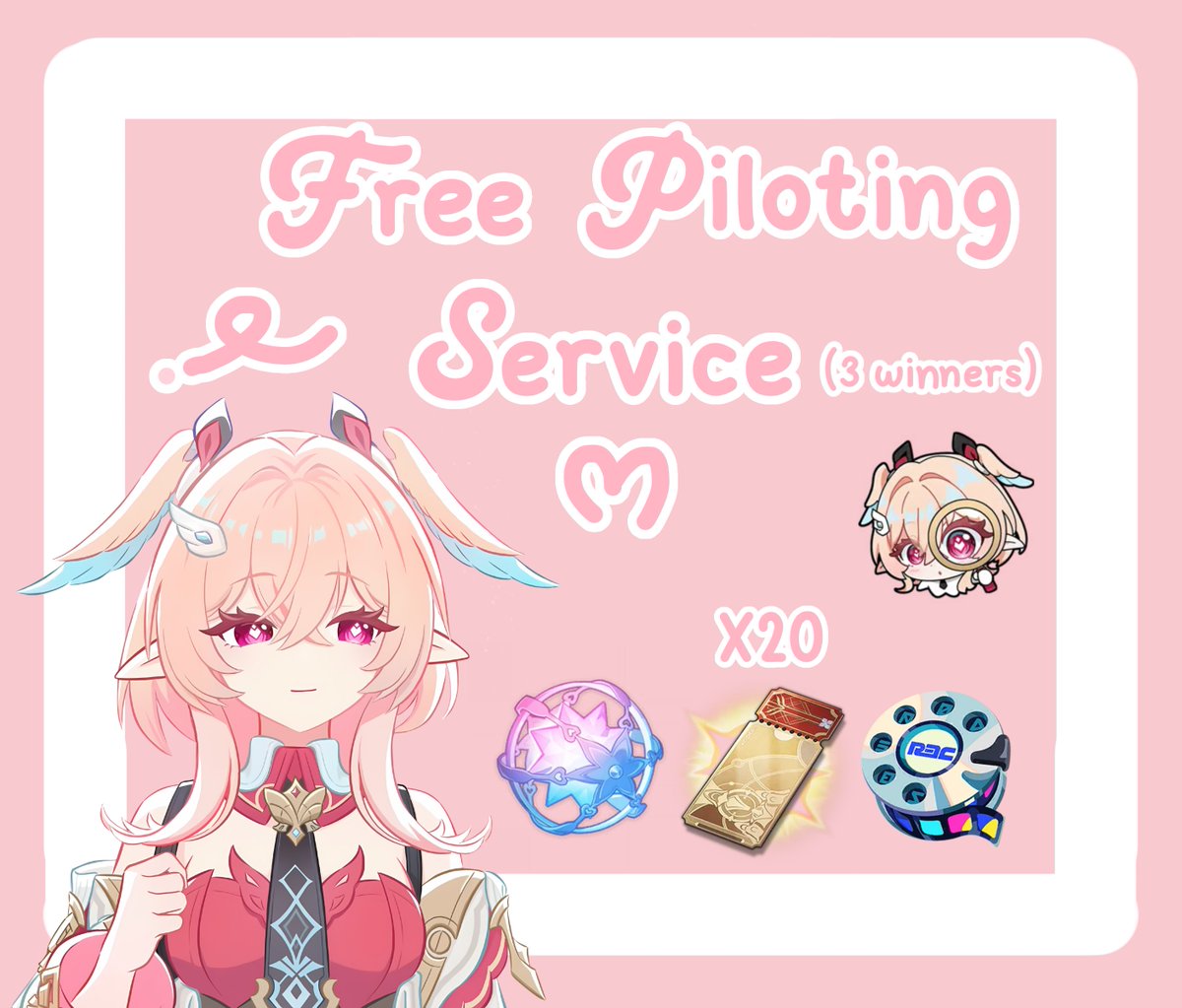 pinkmaretu's tweet photo. Free x20 Pulls Pilot Service Giveaway! 
(3 winners) (genshin hsr or zzz) 🪽

• Follow me 
• Like &amp; RT this post 
• Like &amp; RT my pinned

Ends next week. good luck &amp; happy 500 ♡
#GenshinImpact #HonkaiStarRail #ZenlessZoneZero‌ https://t.co/7JQTTSzF1z