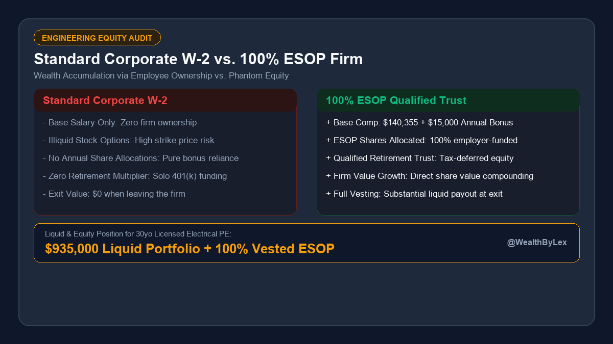 WealthByLex's tweet photo. At 30, my engineering firm transitioned to a 100% ESOP.

With 5 years of tenure, I became fully vested on day one.

Combining statutory equity allocation with an automated 70% savings rate turns W-2 engineering into an ownership vehicle.

Reply SIMULATOR for the model. https://t.co/PmqVZL2zNo