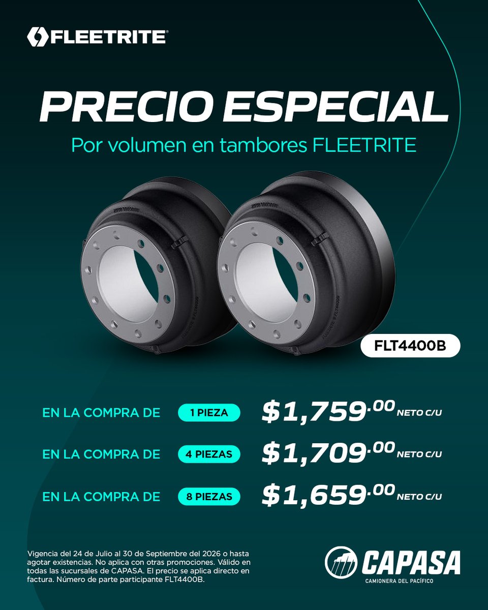 CAPASAmx's tweet photo. 🔧 ¿Cuántos servicios de frenos tienes programados?

En #CAPASA aprovecha precios especiales por volumen en tambores #Fleetrite FLT4400B, desde 1 hasta 8 piezas.

⏳ ¡Últimos días! Cotiza con nuestros asesores y realiza tu pedido antes del 30 de septiembre de 2026. https://t.co/eayDh0Iu1l