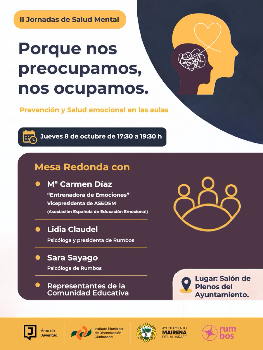 AntonioConde_M's tweet photo. La salud mental de nuestros jóvenes debe ser una prioridad. Por eso en #Mairena consolidamos las Jornadas de Salud Mental, un espacio para conocer mejor la realidad de nuestra juventud y tratar de ofrecer apoyo junto a familias y comunidad educativa.
https://t.co/EEwwHc2vAn https://t.co/HpDou1ZV0e