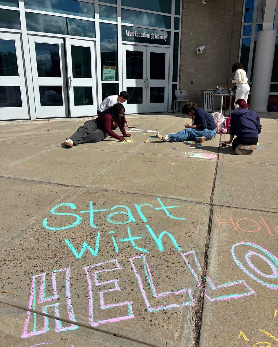 MeridenK12's tweet photo. Spreading kindness, one sidewalk drawing at a time! 🎨✨ During Start With Hello Week at Maloney High School, students "chalked the walk" to promote inclusion, build empathy, and make sure everyone feels welcome! 💚👋

📸 Photo Credit: Paris Godbout

#StartWithHello #SpartanPride https://t.co/snkELApmja