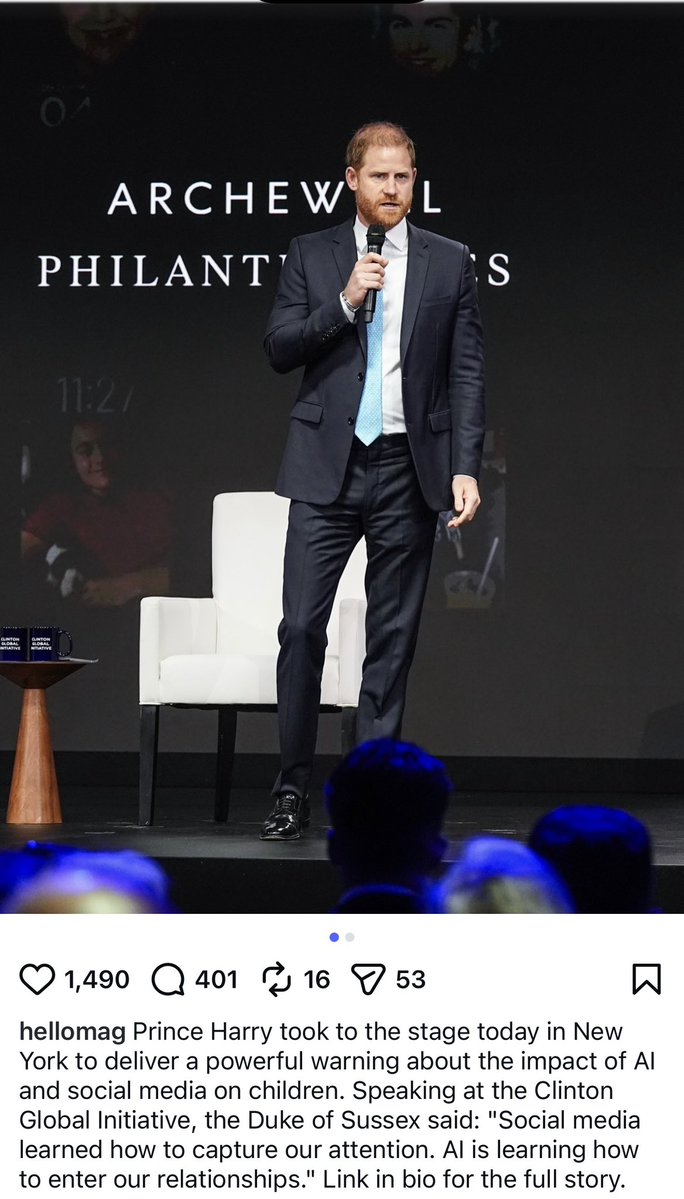 123workerbee's tweet photo. Harry’s Clinton Foundation gig was booked for Archewell Philanthropies,  which is as fake as he is. 

At the conference, he was left to ad-lib the rest of his speech about AI when his teleprompter surprisingly stopped. The best he could come up with to comfortably finish was, “And that’s it.”

Harry is a fake talking about a subject he has no expertise in, representing a fake charity—-a private citizen who lumbers from one fiasco and embarrassment to another, with absolutely no self awareness. 

Why do people continue indulge this dullard?