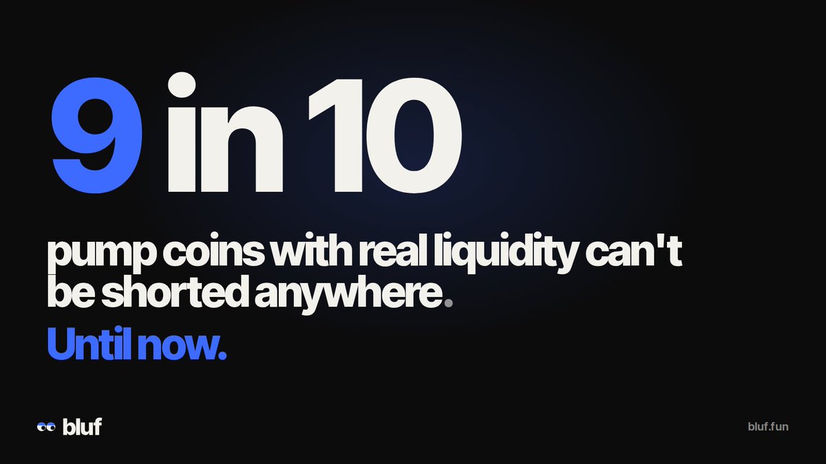 blufdotfun's tweet photo. 9 in 10 pump coins with real liquidity can't be shorted anywhere. no perp, no borrow, nothing.

that changes now

solana:c4AtfqMRbC9FuHtVEHDhCm453tytU9E34MXXrp6bLuf https://t.co/2TqT2ghOHM
