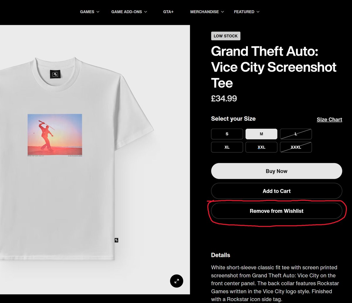 CGHchannel's tweet photo. The @RockstarGames Store now allows people to "Wishlist" items and be notified when they go on sale or are restocked. 👕

Thanks for the heads-up, @AtomicallyFused! https://t.co/At9Iv6O7nG